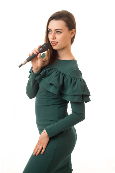 Charming girl with microphone in green dress - Фото, изображение