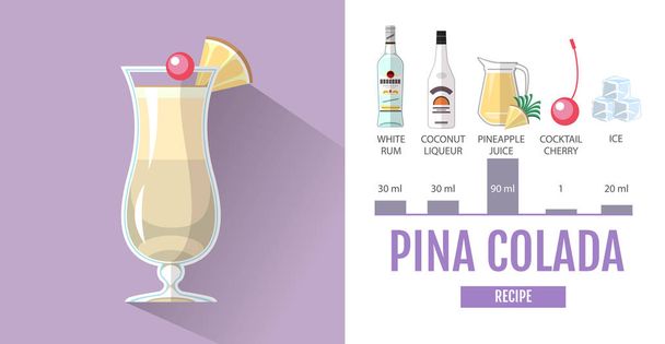 Flat style cocktail menu design. Cocktail pina colada  recipe - Vector, afbeelding