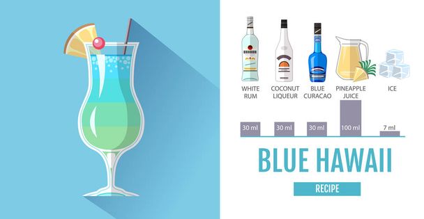 Flat style cocktail menu design. Cocktail blue hawaii recipe - Vector, imagen