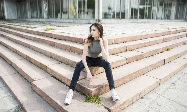 Asain cute woman sitting on steps  - Φωτογραφία, εικόνα