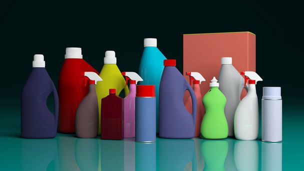 Set de productos de limpieza sobre mesa verde azul. ilustración 3d
 - Foto, Imagen