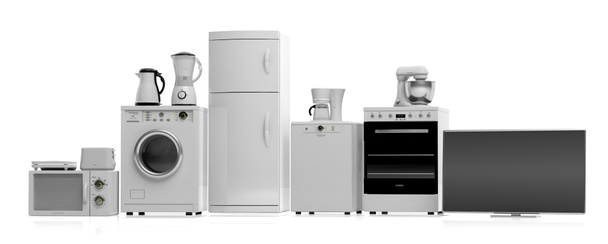 Haushaltsgeräte auf weißem Hintergrund. 3D-Illustration - Foto, Bild