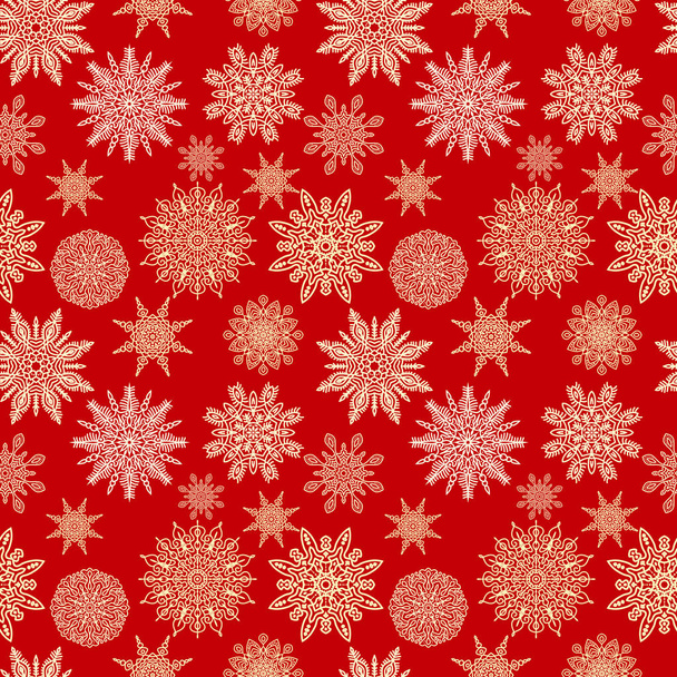 スノーフレークベクトルシームレスパターン。白と金の雪片とクリスマスや新年の赤い背景。はがきと異なるデザインの装飾のための冬の質感 - ベクター画像