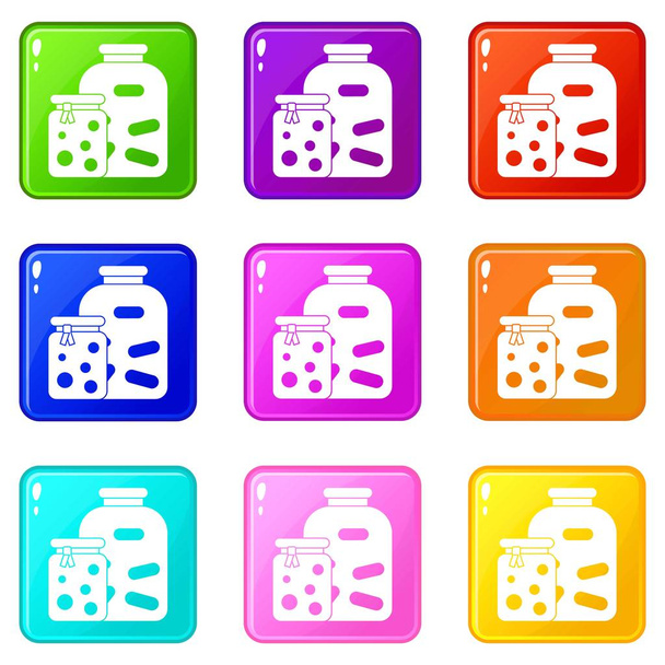 Jars with pickled vegetables and jam icons 9 set - Vector, afbeelding