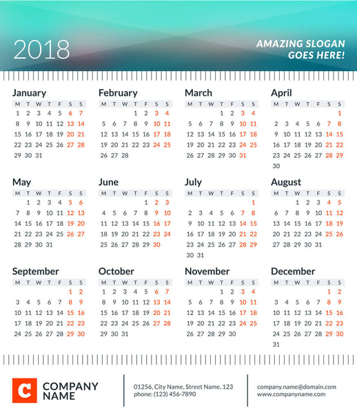 Calendar poster for 2018 year. Week starts on Monday. 12 Months on Page. Vector Design Print Template with Place for Photo and Company Information - Vector, Image