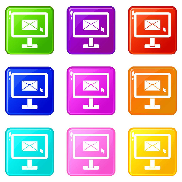 Monitor with email sign icons 9 set - Vektori, kuva