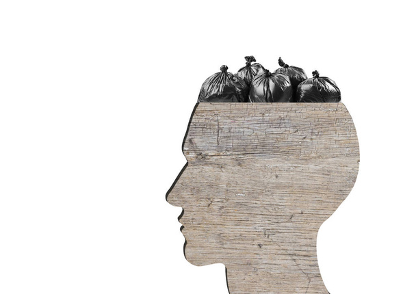 Head as wooden dustbin is full of garbage bags on white background - Foto, imagen