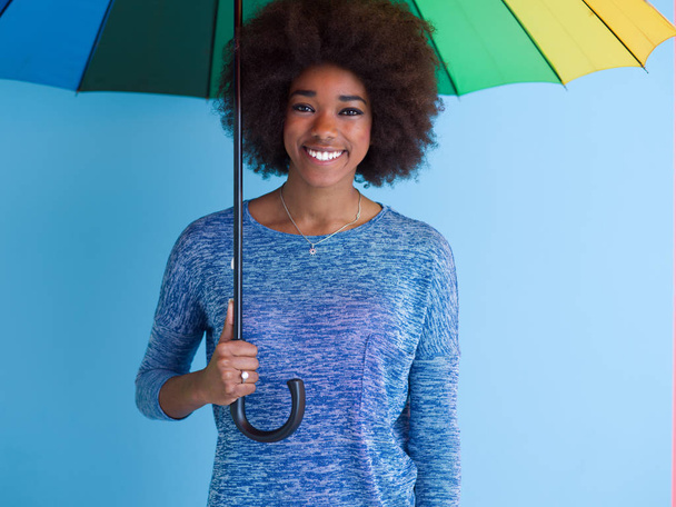 beautiful black woman holding a colorful umbrella - Photo, image