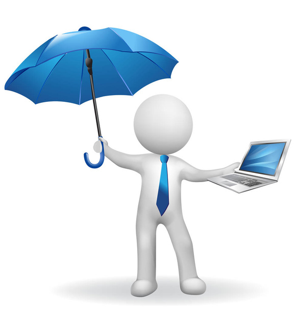 3D white people man with computer and umbrella protecting his business icon logo - Vektor, kép