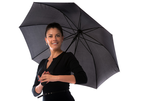 Beautiful woman with black umbrella on white background - Zdjęcie, obraz