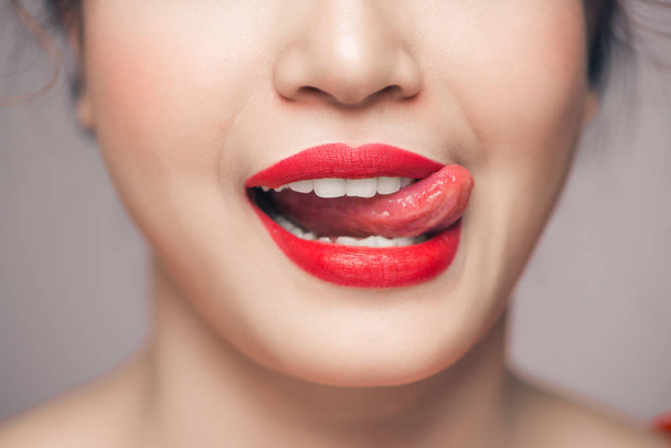 female lips with red lipstick - Fotoğraf, Görsel