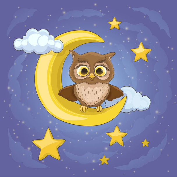 cartoon cute baby owl sitting on a moon and stars with clouds. v - Вектор, зображення