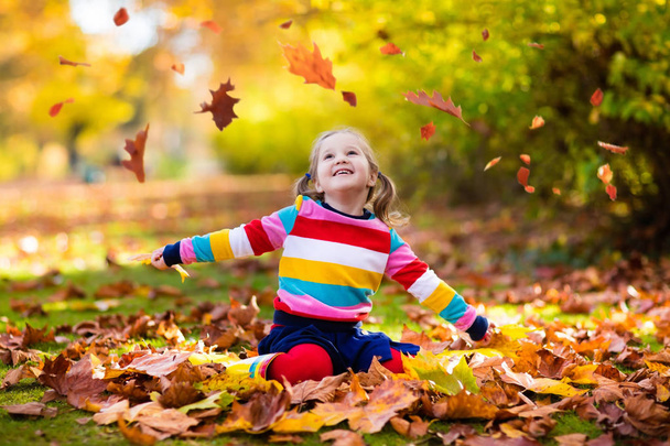 Child in fall park. Kid with autumn leaves. - Photo, Image