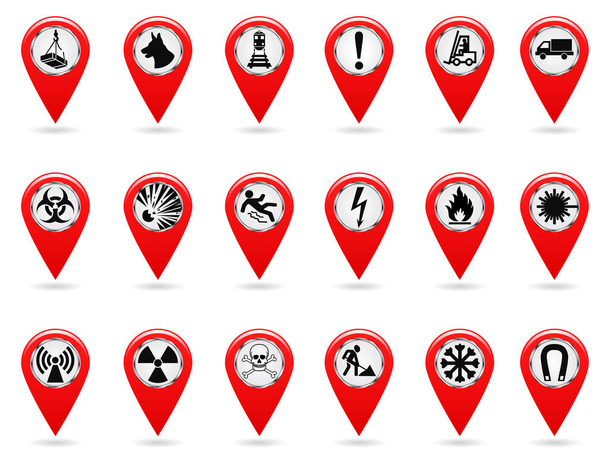 Map pointers. Set of safety symbols. Location and specify the coordinates on the map terrain. Industrial Design. Red object on a white background. Vector. - Vector, Image