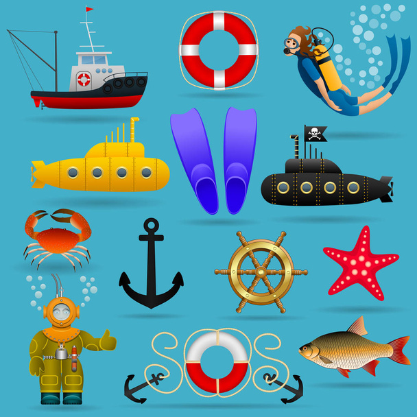 Морской набор объектов и персонажей. Морские животные, водный транспорт, оборудование и люди под водой. Вектор
 . - Вектор,изображение