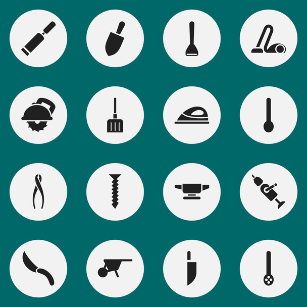 Conjunto de 16 iconos de herramientas editables. Incluye símbolos tales como Jackknife, herrero, carro de mano. Puede ser utilizado para el diseño de la tela, móvil, interfaz de usuario e infografía
. - Vector, imagen