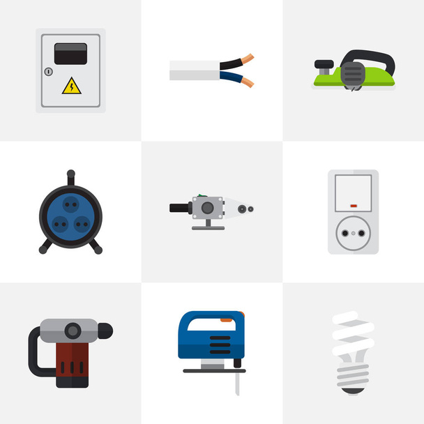 Set Of 9 Editable Instruments Icons. Includes Symbols Such As Jig Saw, Jack, Jointer And More. Can Be Used For Web, Mobile, UI And Infographic Design. - Vector, Image
