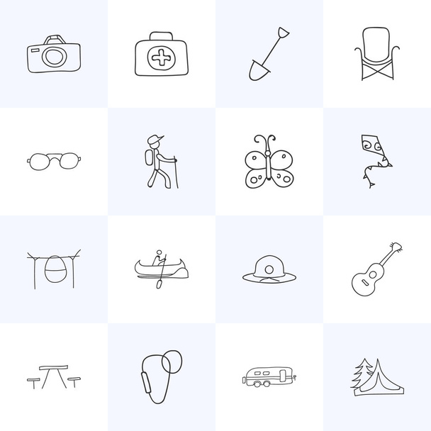 Zestaw 16 ikon można edytować podróży. Zawiera symbole, takie jak Camper, łopata, fotografowanie i więcej. Mogą być używane dla sieci Web, mobilnych, interfejsu użytkownika i Infographic Design. - Wektor, obraz