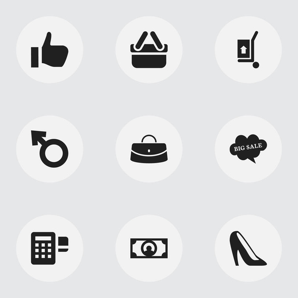 Zestaw 9 ikon można edytować handlu. Zawiera symbole, takie jak chmury z tekstu, gotówka, handlowej Case i więcej. Mogą być używane dla sieci Web, mobilnych, interfejsu użytkownika i Infographic Design. - Wektor, obraz
