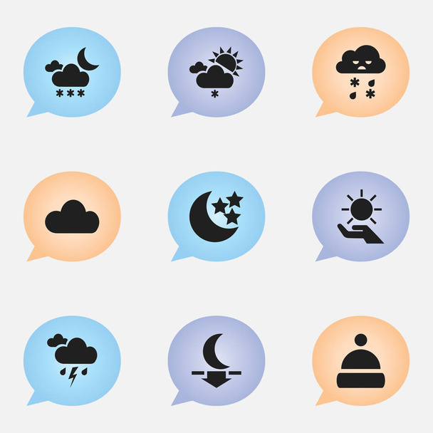 Zestaw 9 ikony pogody można edytować. Zawiera symbole, takie jak Moonlight, Cap, słoneczna w dłoni i więcej. Mogą być używane dla sieci Web, mobilnych, interfejsu użytkownika i Infographic Design. - Wektor, obraz