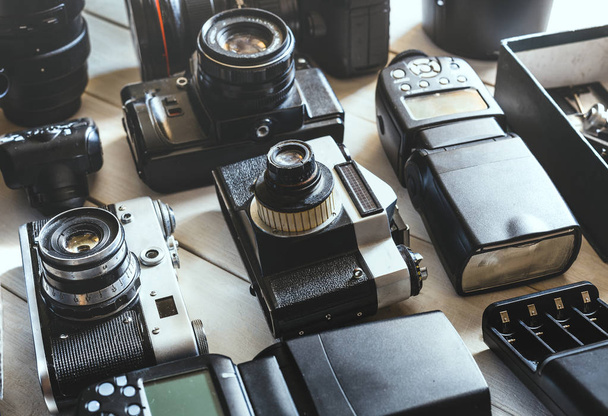 Vintage Film Camera, Digital Camera, Accessories And Lenses Technology Development Concept. Closeup - Фото, изображение