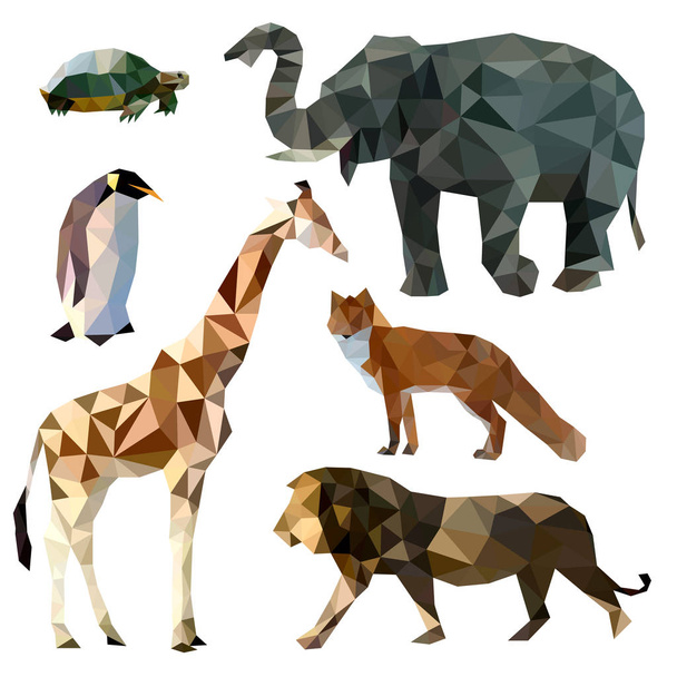 Conjunto vectorial de diferentes animales, iconos poligonales, baja poli ilustración, zorro, león, elefante, jirafa, tortuga, pingüino
 - Vector, Imagen