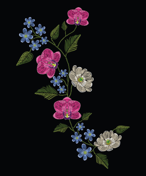 Stickstiche mit Orchidee, Magnolie und Leberblümchen.. decoupage. Vektor-Modeschmuck auf schwarzem Hintergrund für traditionellen Blumenschmuck. Muster für Textilien und Stoffe. - Vektor, Bild