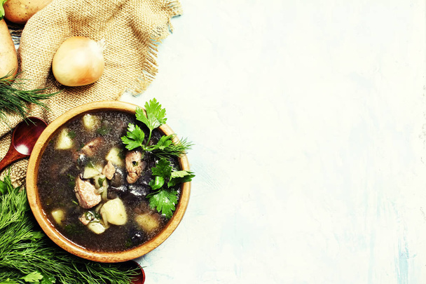 Mushroom soup with meat and potato  - Foto, afbeelding