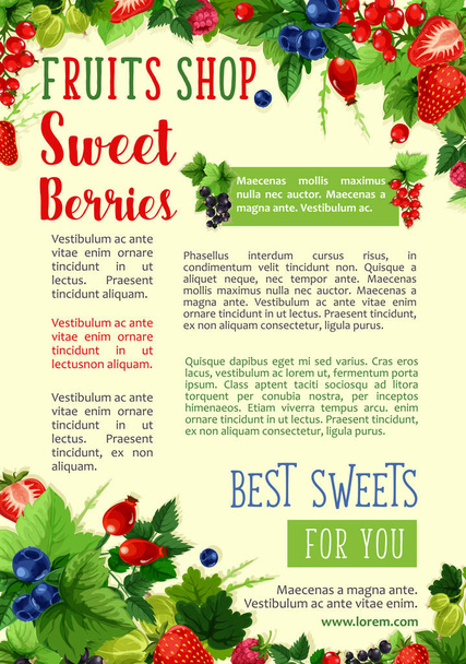 Berries vector poster for farm fruits shop - Vector, Image