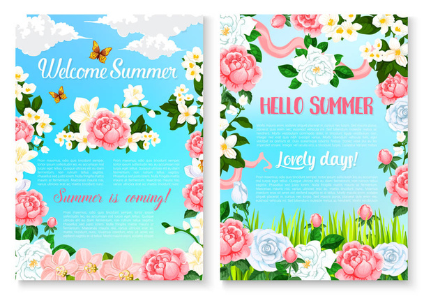 Hola cartel de dibujos animados de verano conjunto con flores de rosa
 - Vector, imagen