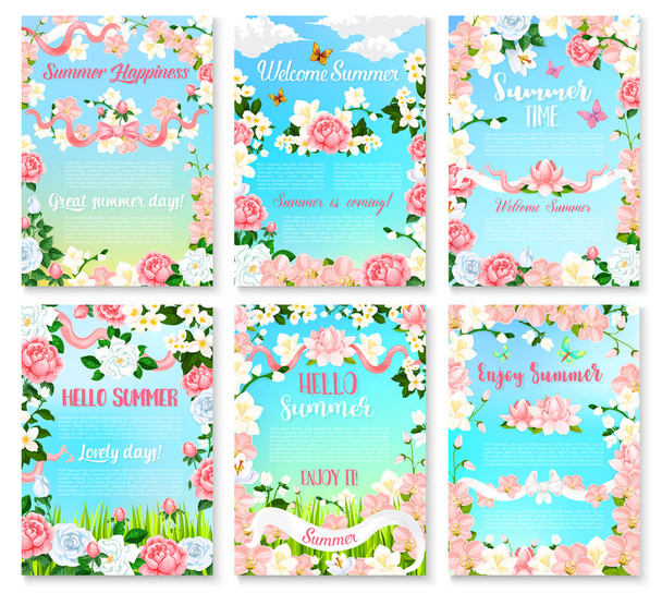 Hello Summer conjunto de banner floral con marco de flores
 - Vector, imagen