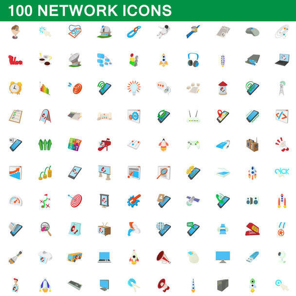 100 network icons set, cartoon style - Vector, Image