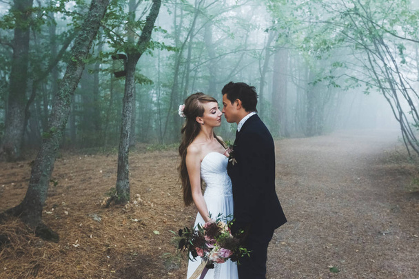 Bride and groom kissing in forest - Photo, Image
