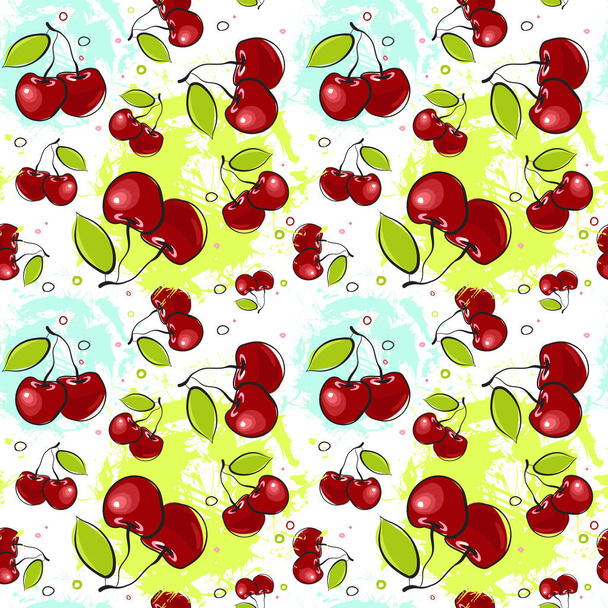 Seamless Pattern Cherry Fruits Summer Ornament Background - Vettoriali, immagini