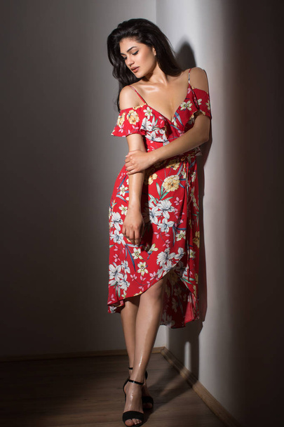 portrait of beautiful woman, model, wearing floral dress - Fotoğraf, Görsel