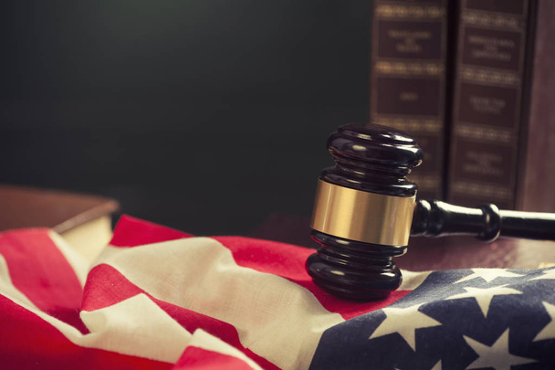 Wooden Gavel with American Flag on a wooden table - Photo, Image
