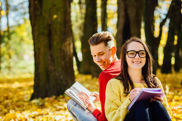 Series photo of beautiful young brunette woman in sunglasses and young man in red shirt sitting back to back on a fallen autumn leaves in a park and reading a book - Foto, Bild