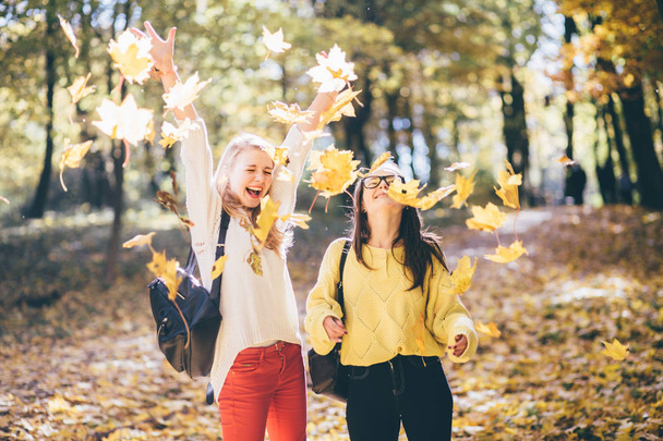 Emotional photo of two girls student with happy joyful emotions throwing yellow leaves in the air in sunny autumn park. Education, lifestyle and people concept. - Photo, Image