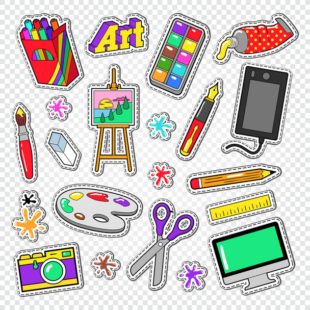 Outils d'art Doodle. Stickers Peinture avec Peintures, Appareil Graphique Numérique et Appareil Photo. Illustration vectorielle
 - Vecteur, image