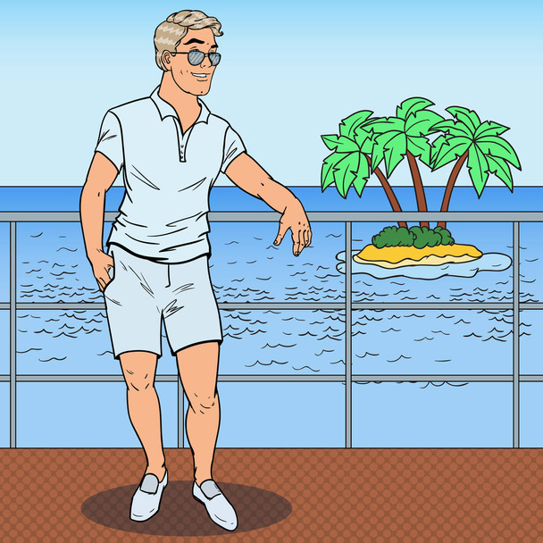 Pop Art Bonitão Homem em pé no iate privado. Férias na praia tropical. Ilustração vetorial
 - Vetor, Imagem