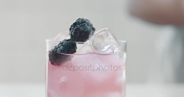 Barista put drink tube to a pink cocktail with blackberries - Footage, Video