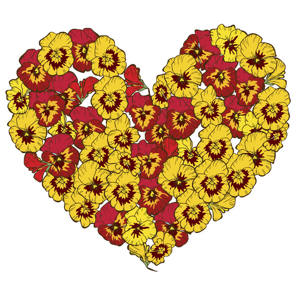 Heart of red and yellow flowers isolated on white background. Vector illustration. - Vetor, Imagem