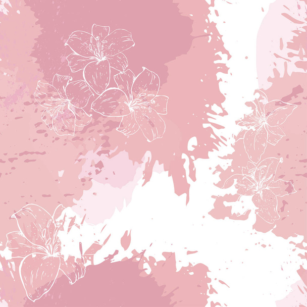 Abstrakcja akwarela różowy tło spot z sylwetkami lilie. Splash tekstura tło. Modny kolor soft. Ilustracja wektorowa. - Wektor, obraz