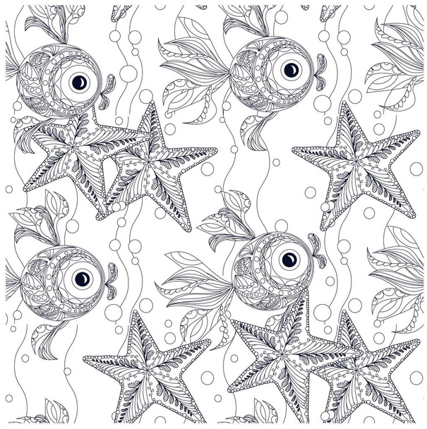 Seamless starfish and fish ornamental monochrome pattern stock vector illustration - Vector, Image
