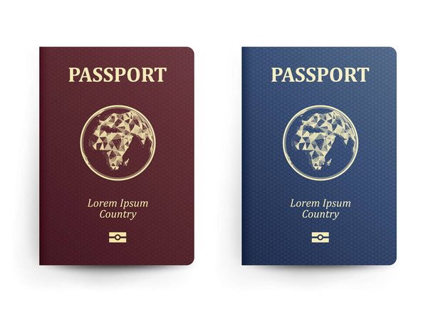 Διαβατήριο με χάρτη. Αφρική. Ρεαλιστική διανυσματικά εικονογράφηση. Κόκκινο και μπλε διαβατήρια με την Globe. Έγγραφο διεθνούς αναγνώρισης. Μπροστινό κάλυμμα. Απομονωμένη - Διάνυσμα, εικόνα