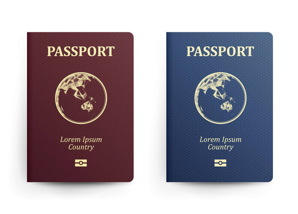 Paszport z mapą. Australia. Ilustracja wektorowa realistyczne. Czerwony i niebieski paszporty z Globe. Dokument identyfikacyjny międzynarodowej. Przednią pokrywę. Na białym tle - Wektor, obraz