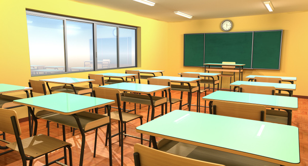 sala de aula com quadro-negro, cadeiras e mesa de aula
. - Foto, Imagem
