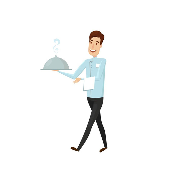 A waiter with a hot dish in the restaurant. Flat and cartoon style. Vector illustration on a white background. - Vector, Image
