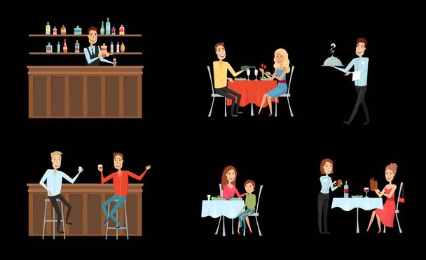 Set of people in restaurant and at the bar. Flat and cartoon style. Different background. Vector illustration. - Vector, Image
