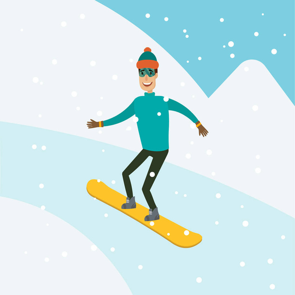 ein Mann, ein Junge, ein junger Mensch beim Snowboarden in den Bergen. Unterschiedlicher Hintergrund. flach und Cartoon-Stil. Vektorillustration. - Vektor, Bild